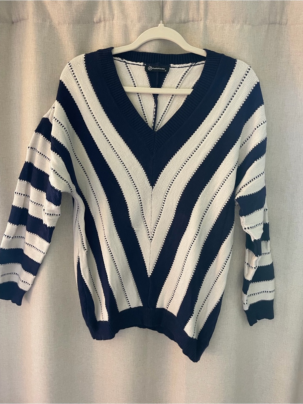 Striped V-Neck Sweater - Navy and White
